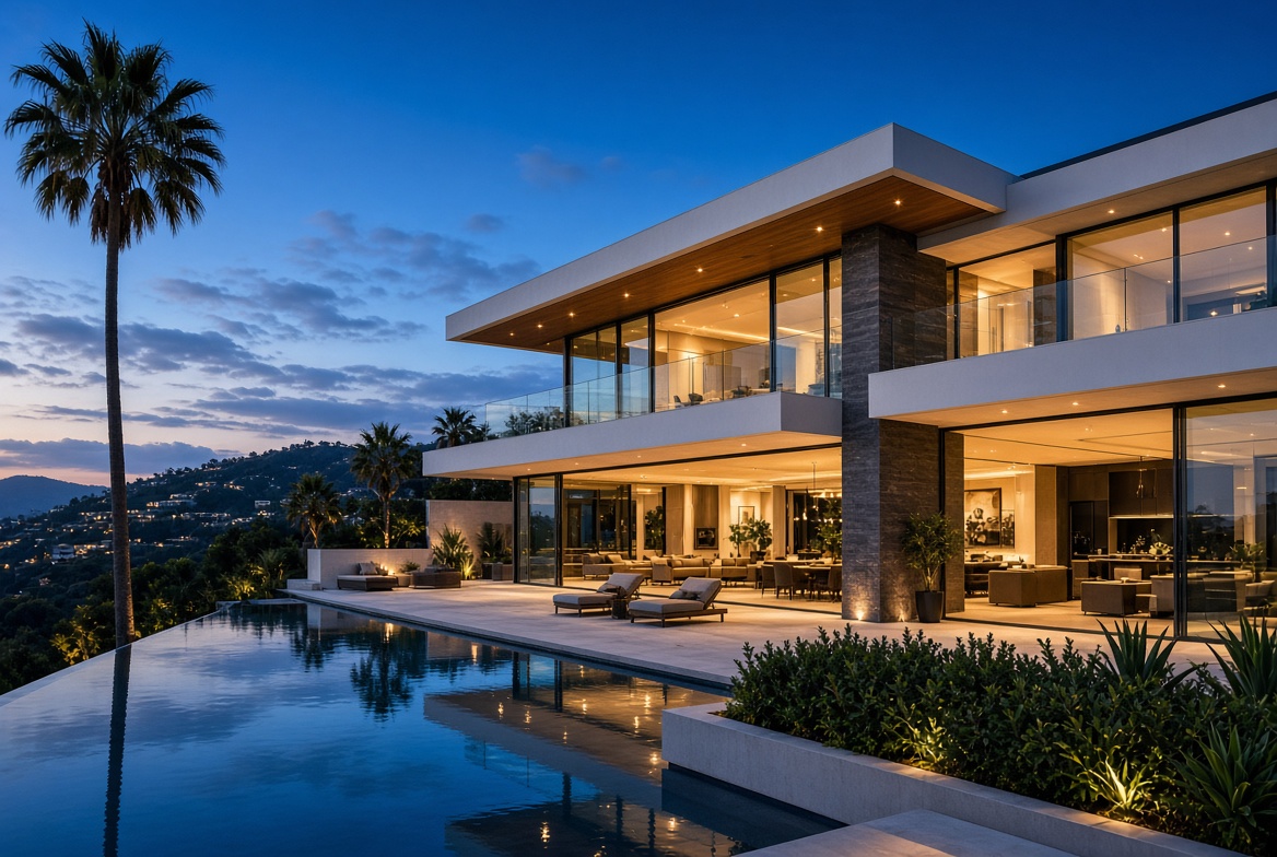 Modern luxury custom home at dusk